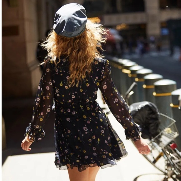 The Kooples Paris Bleu J’Espere Blue Floral Long Sleeve Ruffle Mini Dress Size 2 - Picture 4 of 15